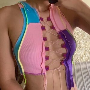 Patchwork lace up crop top